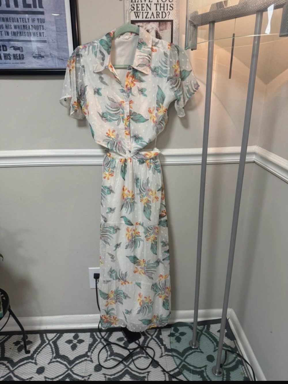 Light Cream Floral Button-Front Maxi Dress